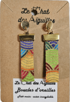 boucle-d-oreille-eventail-multicolore Boucles d'oreille textiles assorties aux bracelets, accessoires cheveux et lacets en tissu.