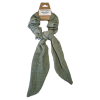 Foulchie : chouchou avec foulard noué dessus pour cheveux en double gaze de coton motifs pois dorés sur fond couleur tilleul