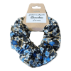 Chouchou pour cheveux en coton motifs petites fleurs bleues et blanches japonisantes sur fond noir